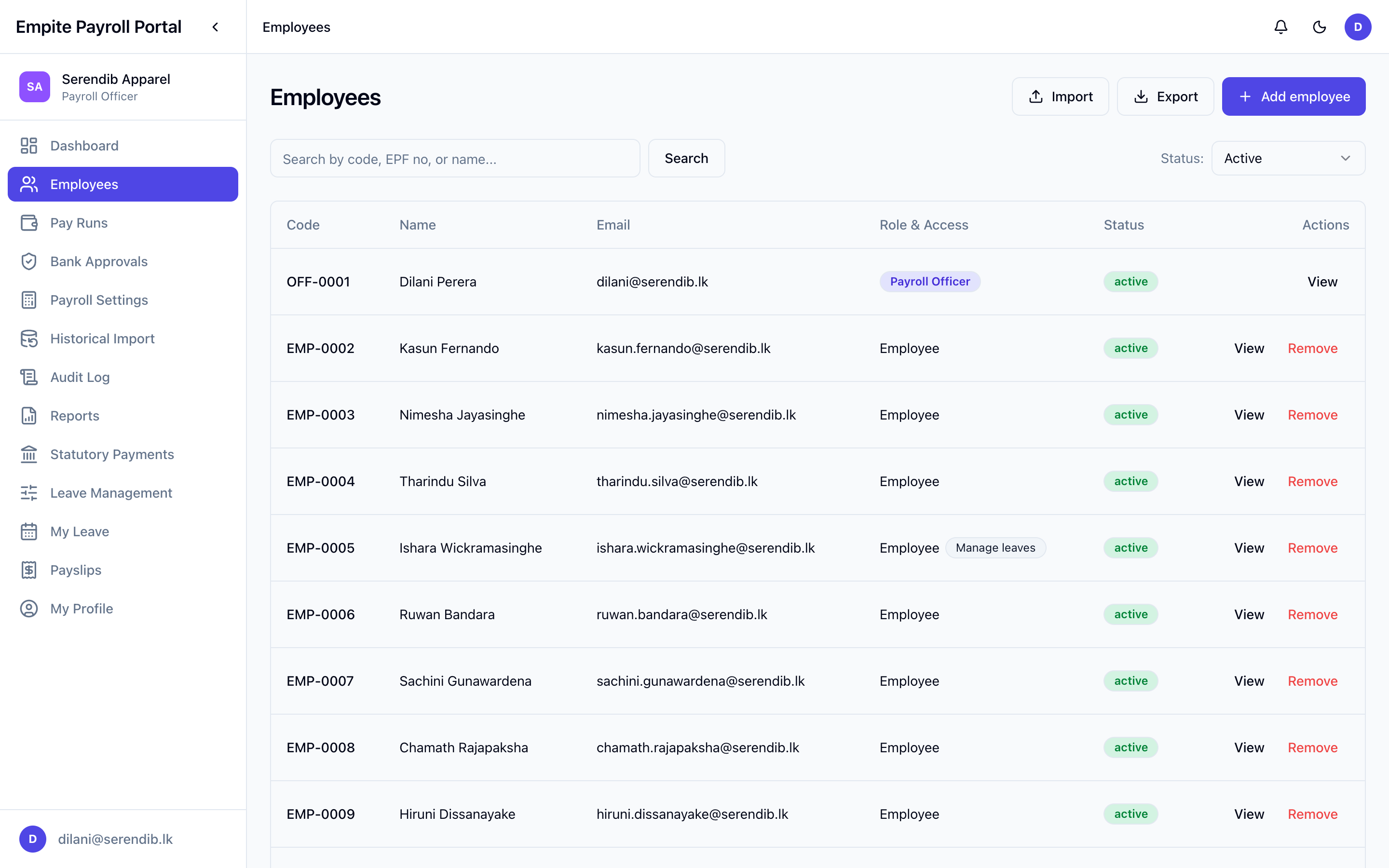 Employees table with codes, names, emails, roles and access permissions