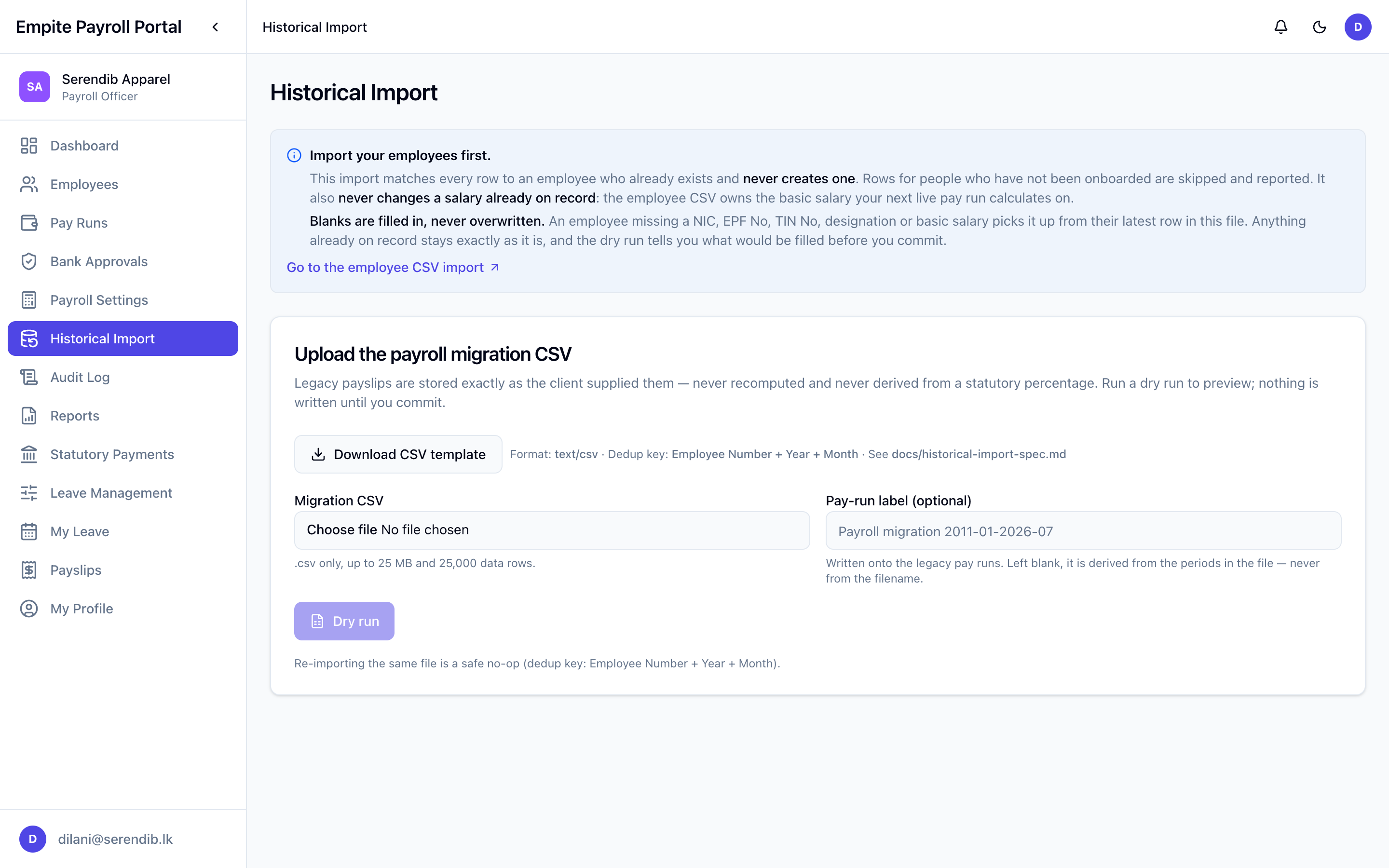 Historical import page for uploading a payroll migration CSV with a dry run
