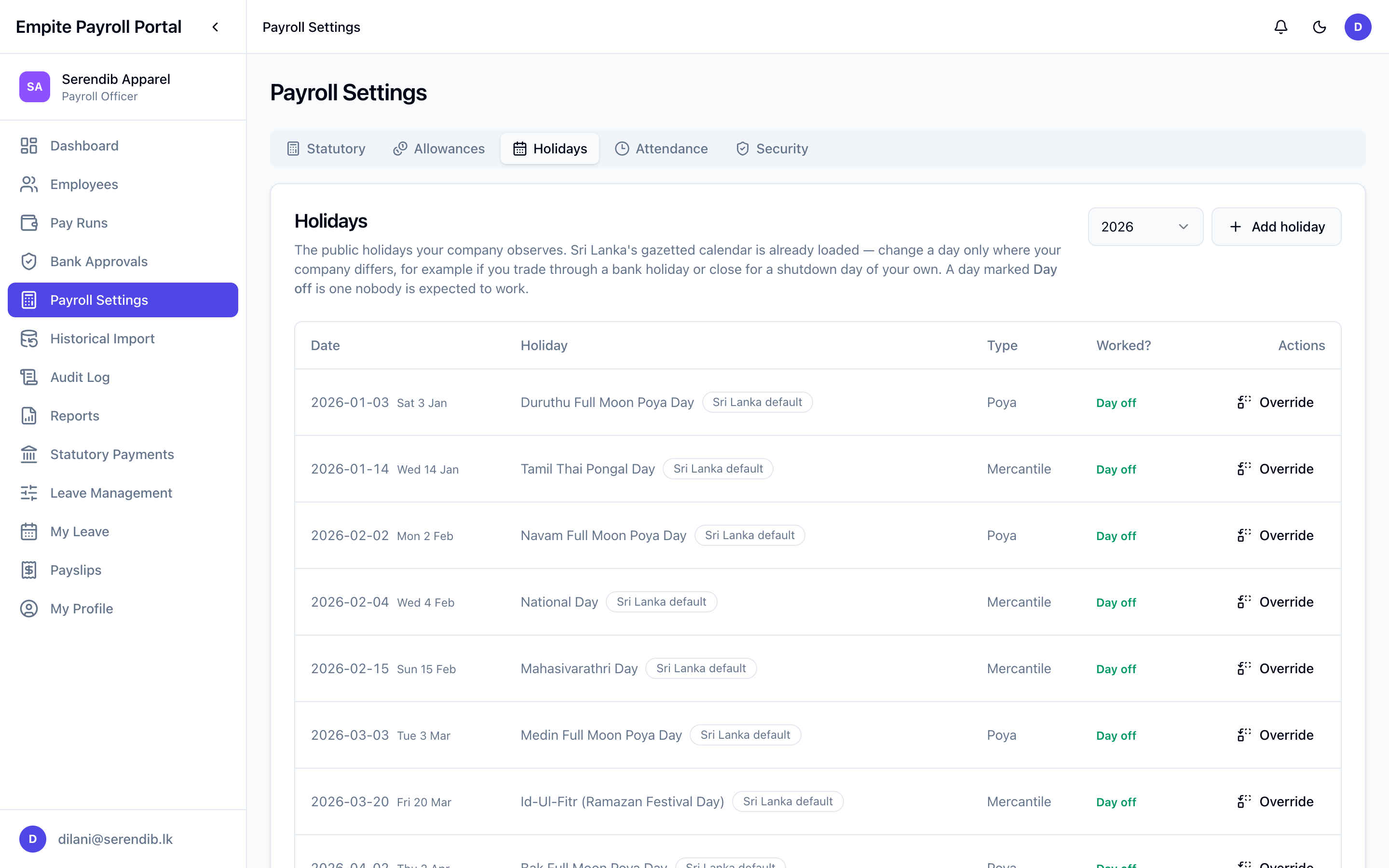 Holiday calendar with Sri Lankan Poya and mercantile holidays preloaded
