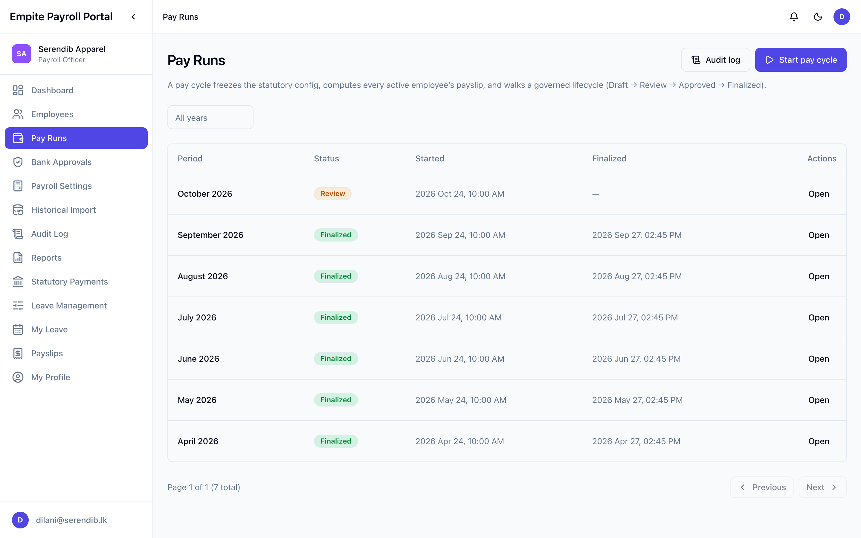 Pay runs list showing October 2026 in review and earlier months finalized