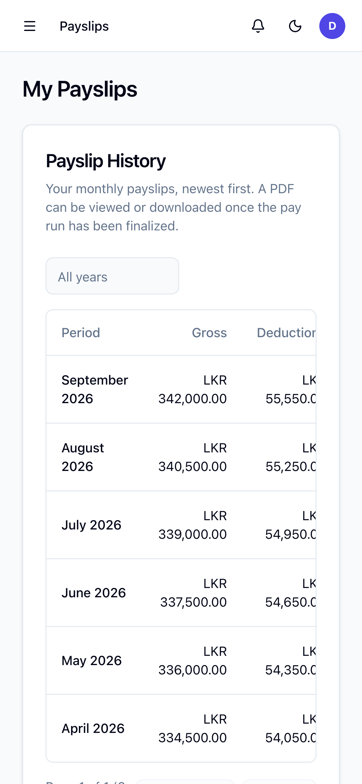 Mobile payslip history showing gross pay and deductions by month