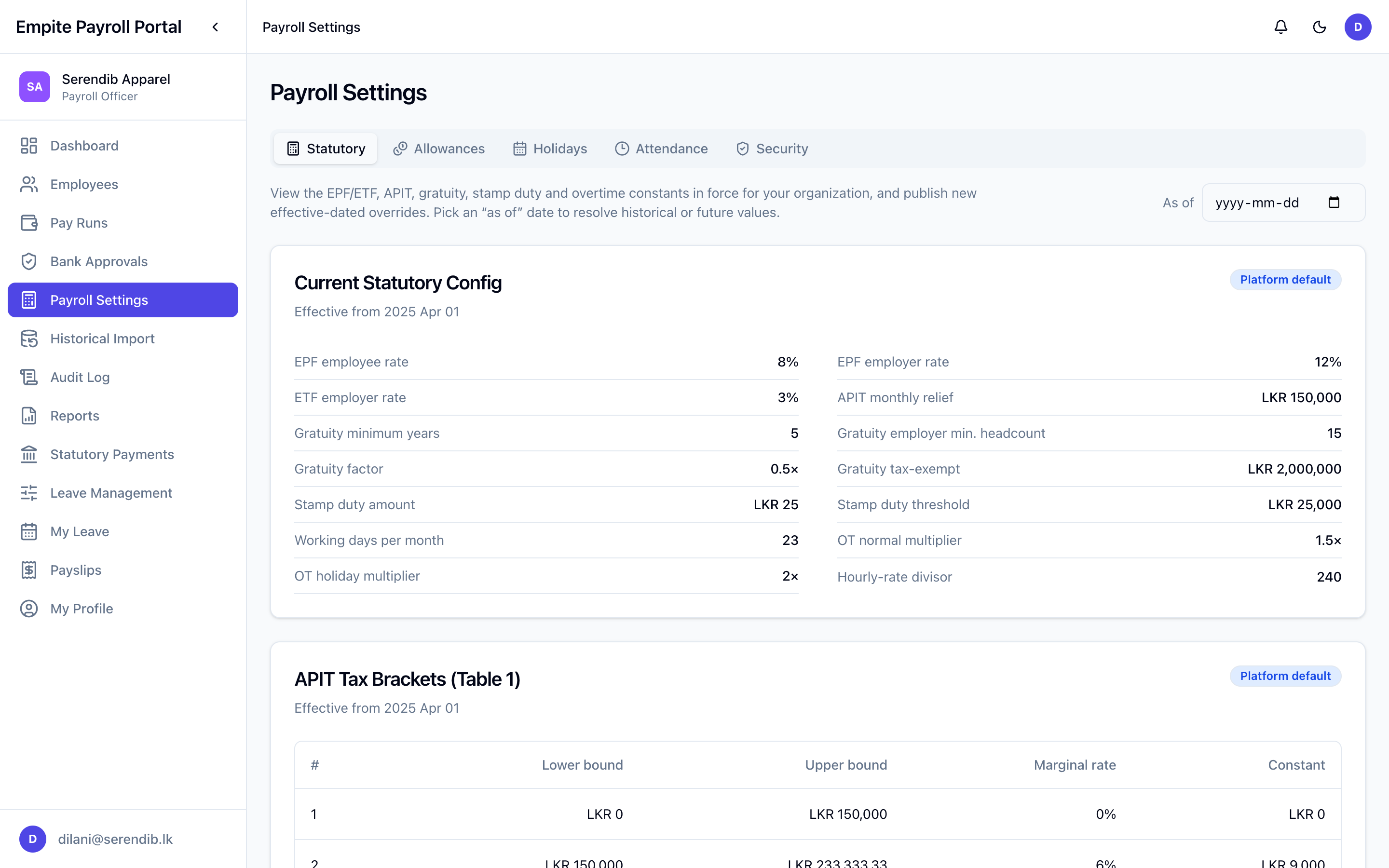 Payroll settings showing EPF, ETF, APIT relief, gratuity, stamp duty and overtime constants